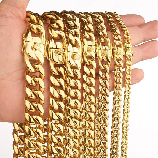 12mm 18k Gold Plated Lobster Buckle Stainless Steel Choker Necklace Hip Hop Jewelry Men Miami Cuban Link Chain
