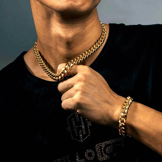 12mm 18k Gold Plated Lobster Buckle Stainless Steel Choker Necklace Hip Hop Jewelry Men Miami Cuban Link Chain